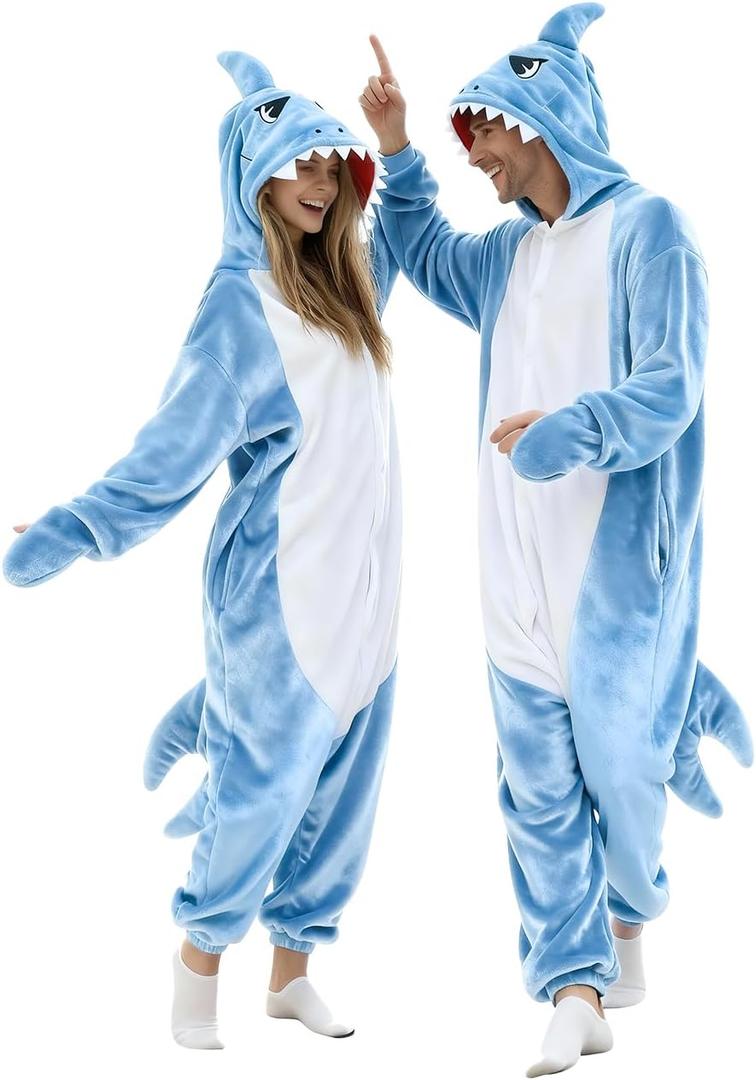 vavalad Shark Onesie Adult Shark Halloween Costumes Cosplay (Large, Blue Zipper)
