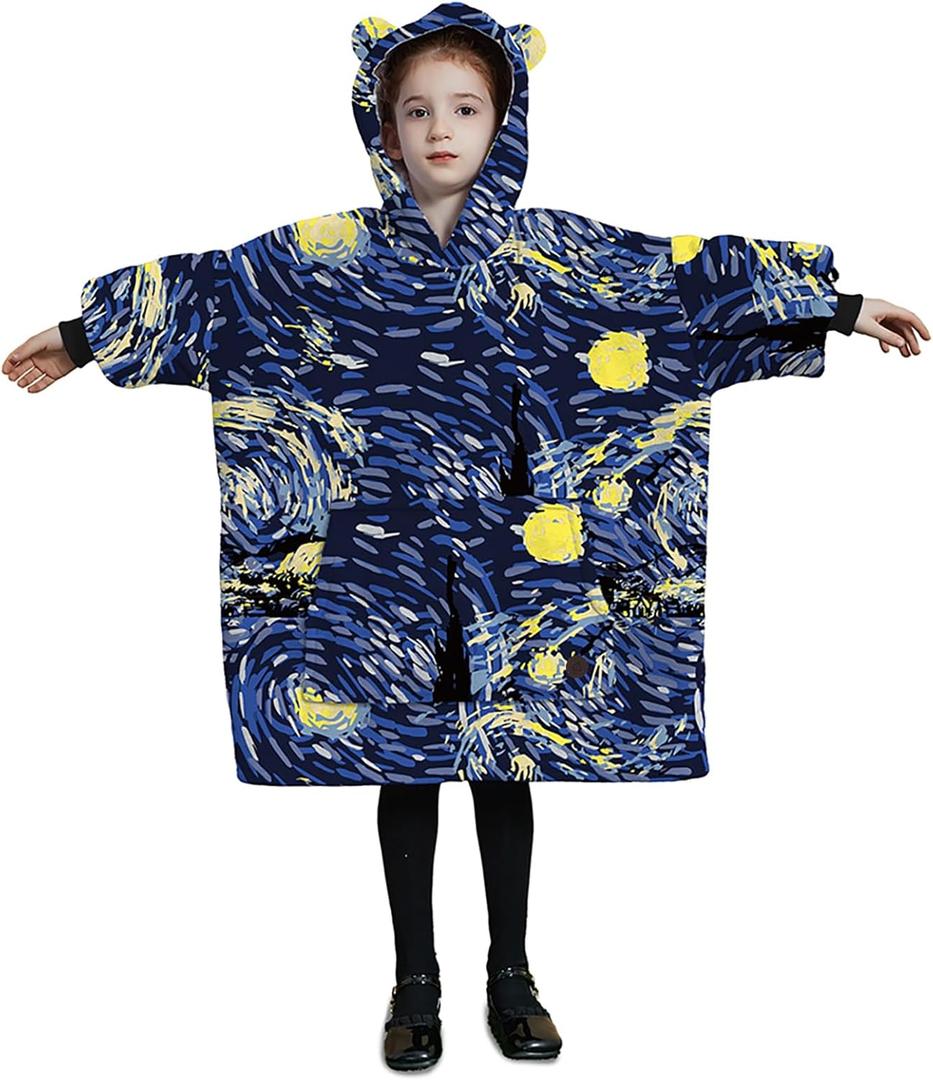THREE POODLE Wearable Blanket Hoodie for Kids, Oversized Sherpa Sweatshirt Blanket with Pocket, Cozy Hooded Blankets, Birthday Gifts for Girls Boys Teens (Starry Night)