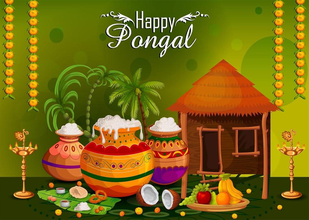 BELECO 9x6ft Fabric Happy Pongal Backdrop Indian Holiday Harvest Photography Background Holiday Celebration Party Decoration Banner Supplies Studio Photo Booth Video Shoot Props