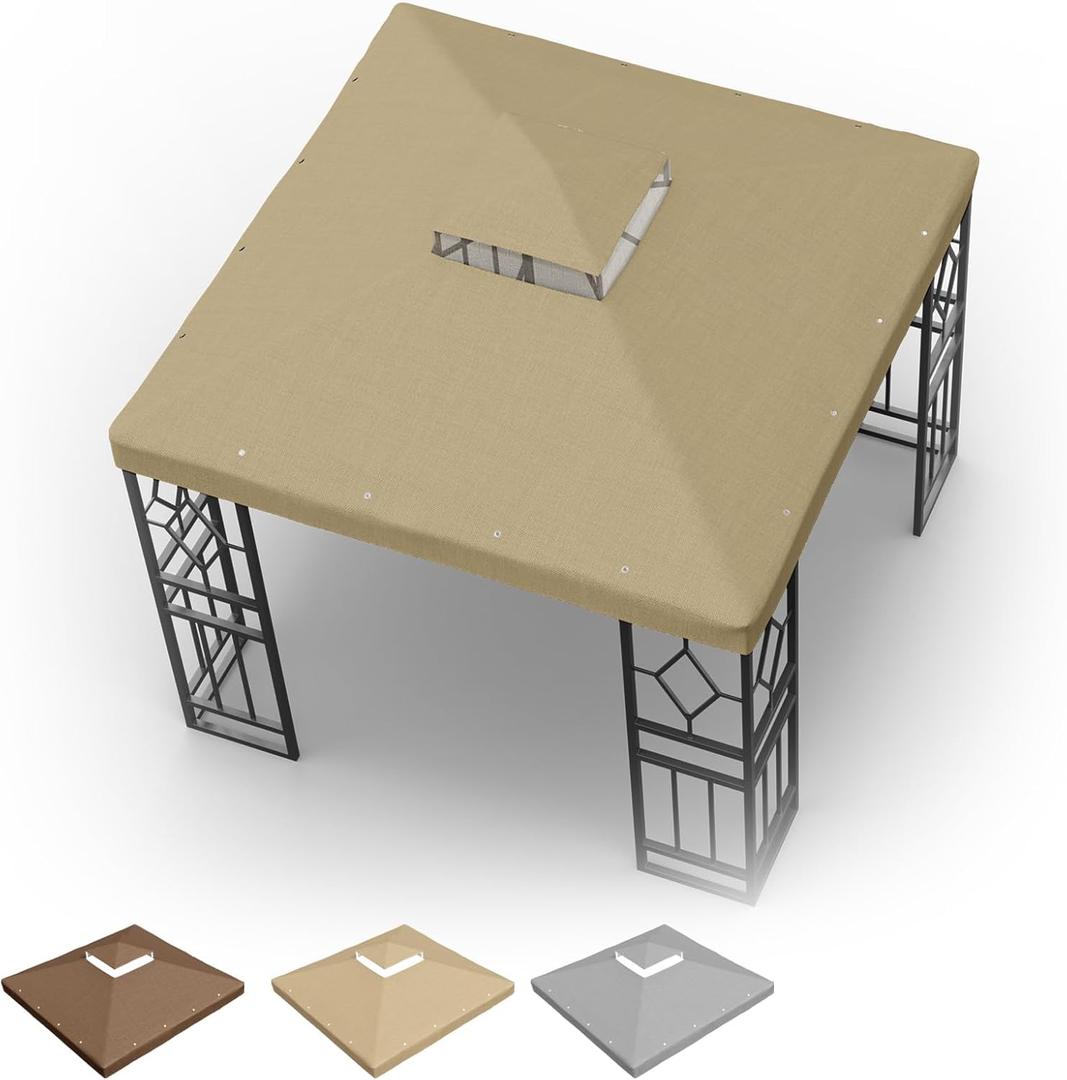 10x10 FT Grill Gazebo Canopy Replacement Top, Pavilion Sunshade Polyester Gazebo Cover with Air Vent, Grill Canopy for Yard Patio Garden & Outdoor BBQ (Khaki)
