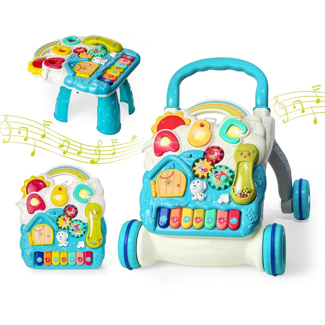 Sit to Stand Baby Walker, Activity Center with Music and Light, Activity Table for Toddlers, Push Toys for Babies Learning to Walk, Early Education Toys for Infant Boys Girls 6 Months Up (Blue)