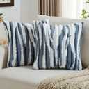 FUTEI Pack of 2 Faux Fur Plush Throw Pillow Covers 18x18 Inch Soft Tie Dye Striped Textured Farmhouse Decorative Cushion Covers Modern Home Decor for Couch Bed Living Room, Blue White