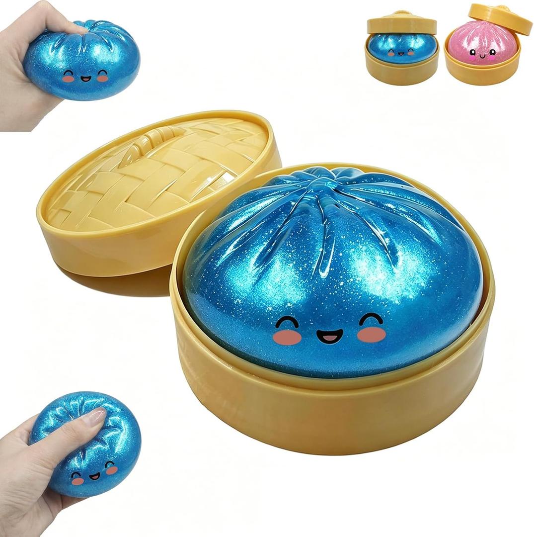 Glitter Dumpling Squishies, Dumpling Squishies Mystery Box, Colorful Dumplings Stress Balls Fidget Sensory Toy, Squeeze Dough Ball Stress Relief Toys with Food Steamer Stretchy Desk Toys(Glitter Blue)