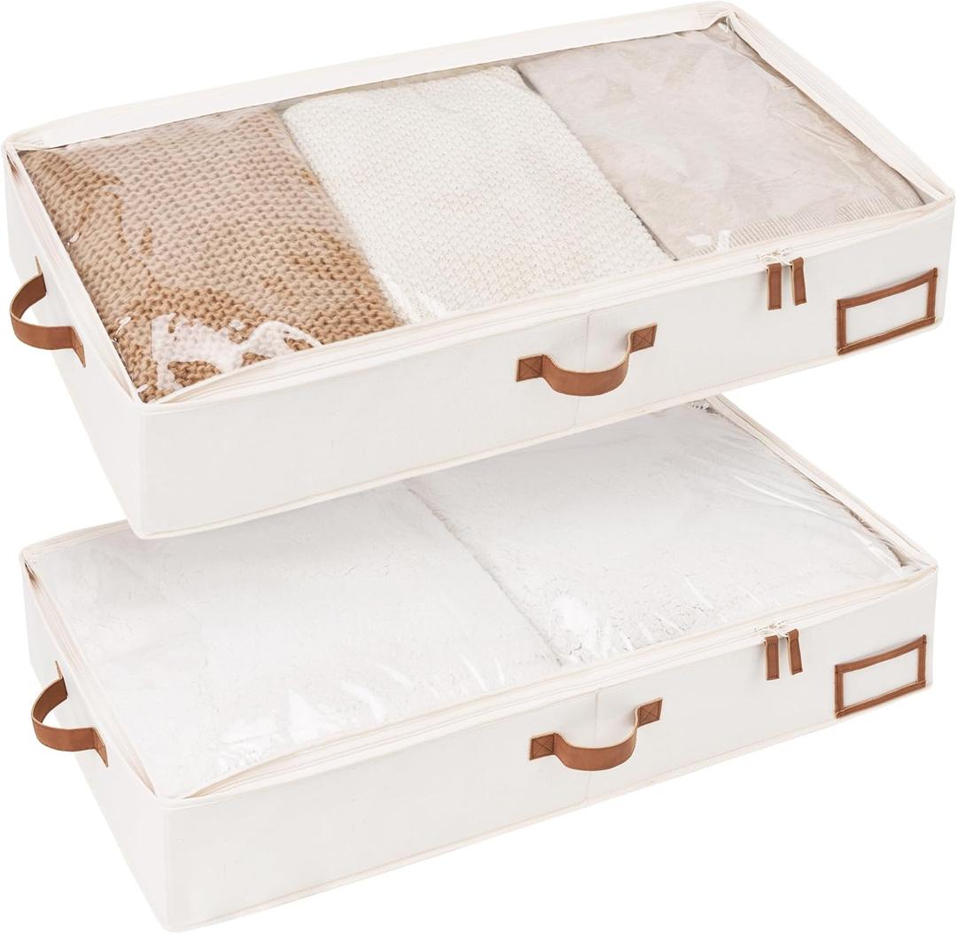 StorageWorks Large Under Bed Storage Containers with Handles and Label Holder, 2 Pack Ultra-thick Fabric Underbed Bins, Closet Organizer for Clothes, Blankets, Sweater (Ivory White)