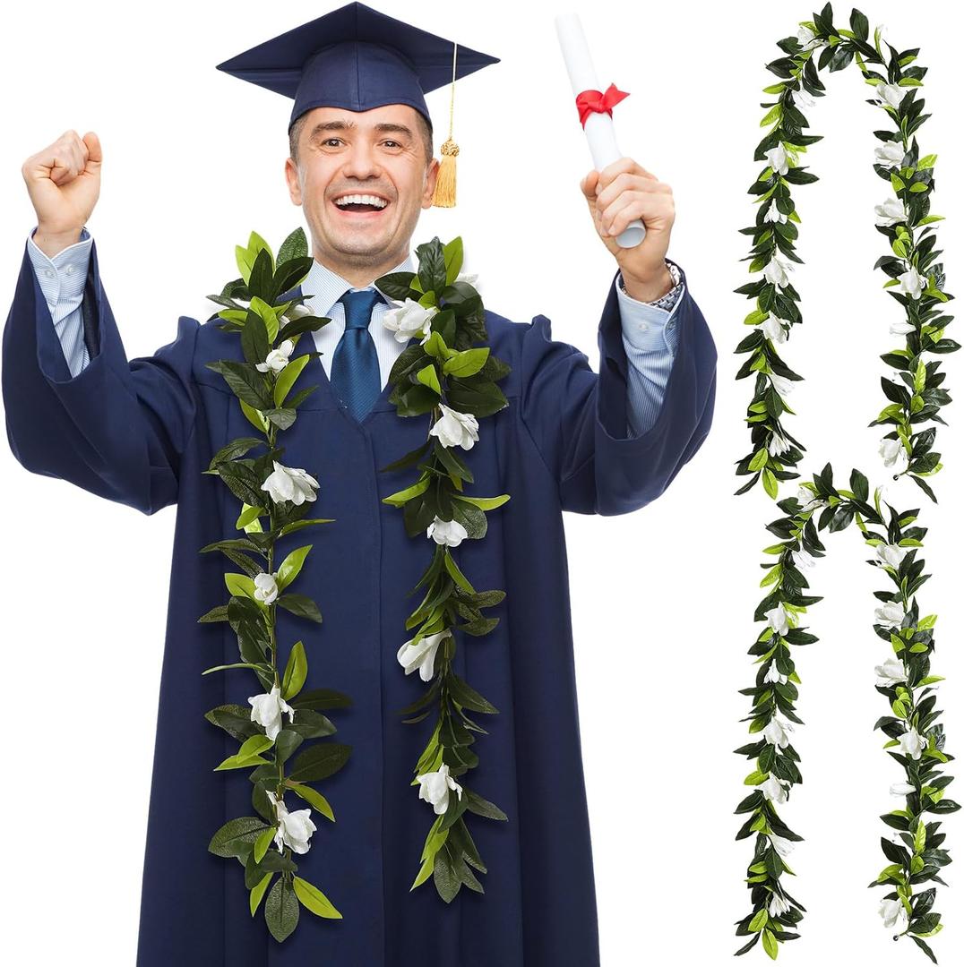 Riceshoot 2 Pcs Hawaiian Graduation Lei 6.56 ft Maile Lei Green Garland White Tuberose 2026 Graduation Gift Leaf Flower Necklace for Wedding Hawaiian School Ceremony Luau Aloha Summer Party Supplies