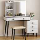 SDHYL Vanity Desk Set,Vanity Desk with Mirror and Lights,Makeup Vanity with Charging Station,White Dressing Table with Lots Storage, 3 Lighting Modes,Soft Cushioned Stool for Bedroom