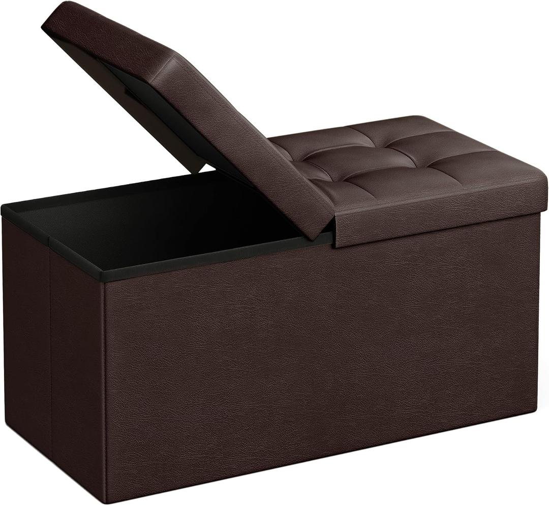 SONGMICS MAZIE Collection - 30 Inches Storage Ottoman Bench with Flipping Lid, Storage Chest Footstool, Load 660 lb, for Entryway, Living Room, Bedroom, Synthetic Leather, Brown ULSF45BR, 15"D x 30"W x 15"H