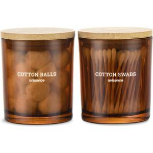 Glass Qtip Holder 2 Pack , Qtip Holder Dispenser Bathroom Set Bathroom Organizers and Storage Q tip Holder with Lid Makeup Storage Organizer for Cotton Swabs,Cotton Balls,Pads ,Amber