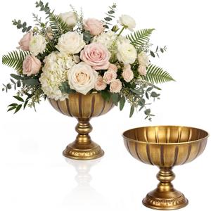 Distressed Gold Flower Vases for Centerpieces,Vintage Metal Pedestal Flower Bowl,Rustic Gold Vase for Wedding Table Decor, Floral Arrangements,Home Decoration,2-Pack (7.4'')