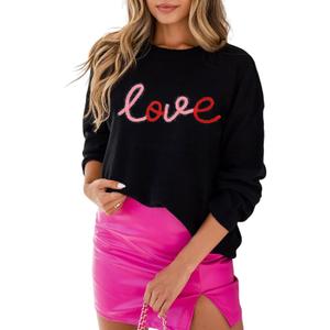 LEMAFER Women 2026 Merry Christmas Round Neck Sequin Letters Sweater Casual Solid Slogan Long Sleeve Pullover Sweatshirt Tops (Black, M)