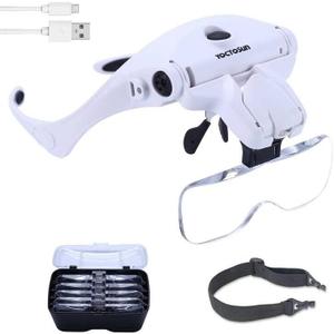 YOCTOSUN LED Head Magnifier, Rechargeable Hands Free Headband Magnifying Glasses with 2 Led, Professional Jeweler's Loupe Light Bracket and Headband are Interchangeable