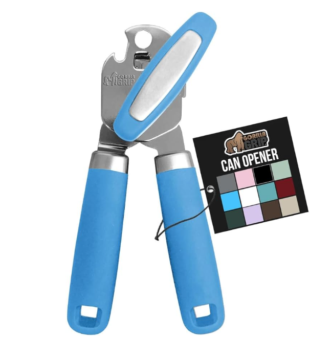 GORILLA GRIP Heavy Duty Stainless Steel Smooth Edge Manual Can Opener and Bottle Openers, Soft Comfortable Handle, Oversized Handheld Turn Knob, US Designed Multifunctional Kitchen Tool, Aqua 