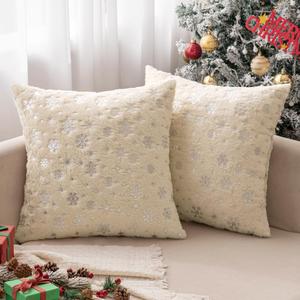 MIULEE Set of 2 Christmas Decorative Throw Pillow Covers Soft Faux Fur Winter Pillow Covers with Silver Snowflake Glitter Holiday Festival Pillowcases for Couch Sofa Bed, 1818inch, Beige