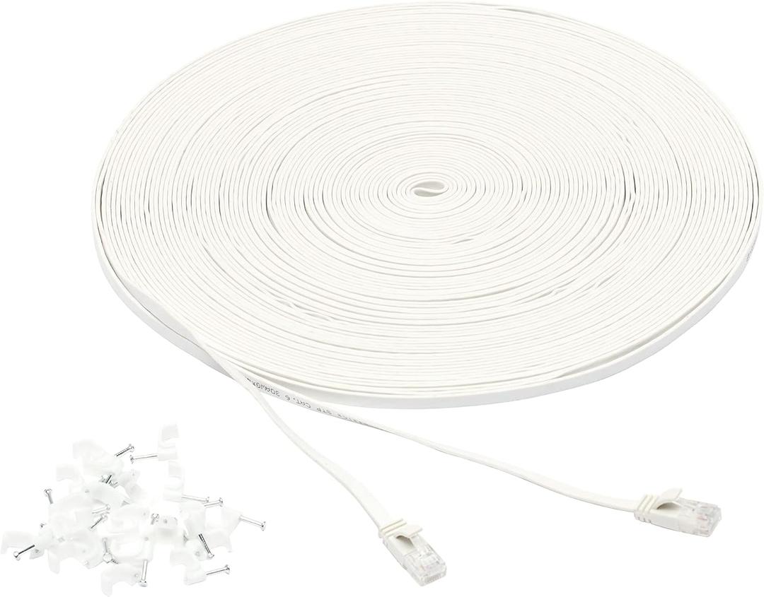 Amazon Basics Cat 6 Ethernet RJ45 10Gbps Flat Network Cable, 100ft Snagless with Gold-Plated Connectors, Outdoor & Indoor Solid Patch Cord with Clips for Router, Modem, Gaming, Computer, White