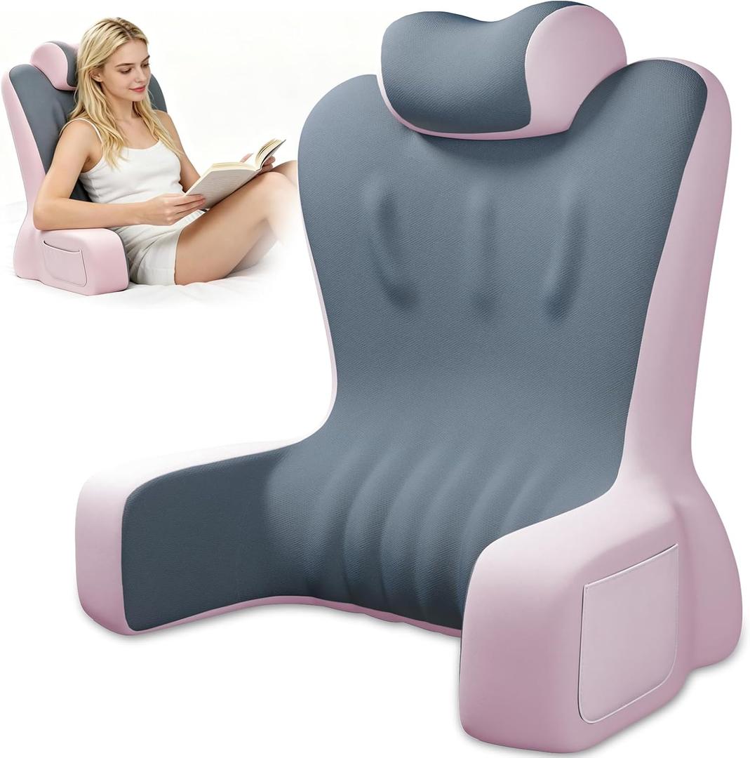 Reading Pillow- Memory Foam Back Pillow for Bed Sitting Up, Ergonomic Lumbar Support Cushion with Arms for Reclining, Gaming, Working, Resting, Watching TV﻿ (Pink), Standard