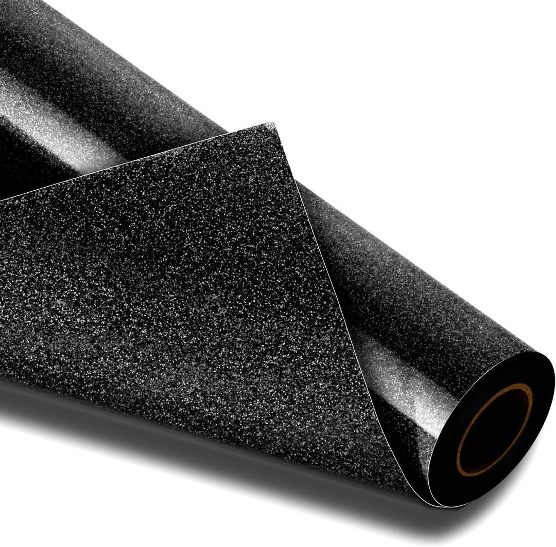 VinylRus Black Glitter HTV Heat Transfer Vinyl Roll-12 x 10ft Black Glitter HTV Vinyl for T-Shirt Clothing Bags, Glitter Iron on Vinyl for All Cutter Machine - Easy to Cut and Weed