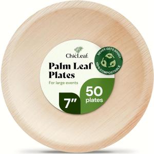 Chic Leaf 7 Inch Palm Leaf Plates, 50 Pack - Heavy Duty Compostable Disposable Appetizer Plates - Bamboo Style Round Dessert Tableware for Weddings, Parties & Picnics - Microwave Safe