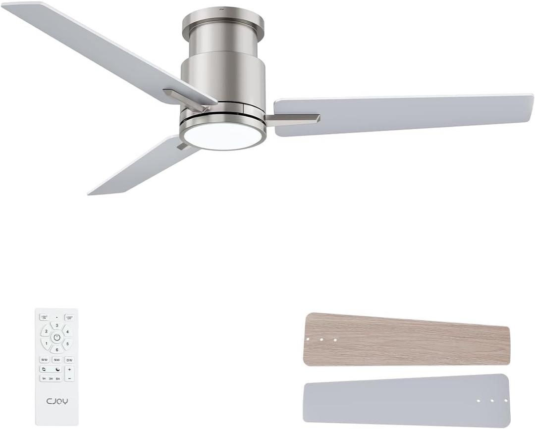 CJOY 52'' Flush Mount Ceiling Fan with Lights, Brushed Nickel Ceiling Fans with Lights and Remote, 6 Speeds Quiet Reversible DC, 3CCT Dimmable, Outdoor Ceiling Fans for Patios Bedroom