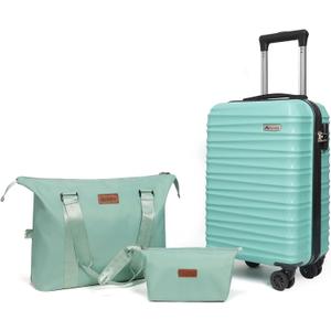 Luggage Set 3 Piece Luggage Set ABS hardshell Spinner Wheels Luggage Carry on Suitcase with Weekender bag & Toiletry bagMint Green, 20