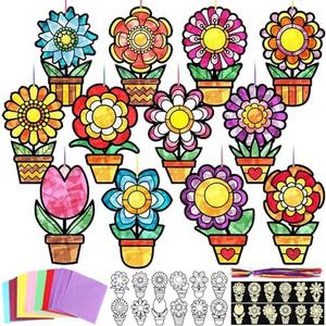 AmazingSpark 36 Pcs Flower Pot Suncatcher Craft Kit, Mother's Day DIY Gift for Mom, Spring Flowers Stained Glass Tissue Paper Window Art for Activities Party Favors Supplies Decorations