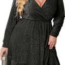 Zeagoo Plus Size Womens Glitter Dress V Neck Long Sleeve Ruffle Hem Swing Club Cocktail Party Dresses (Black, 18 Plus)