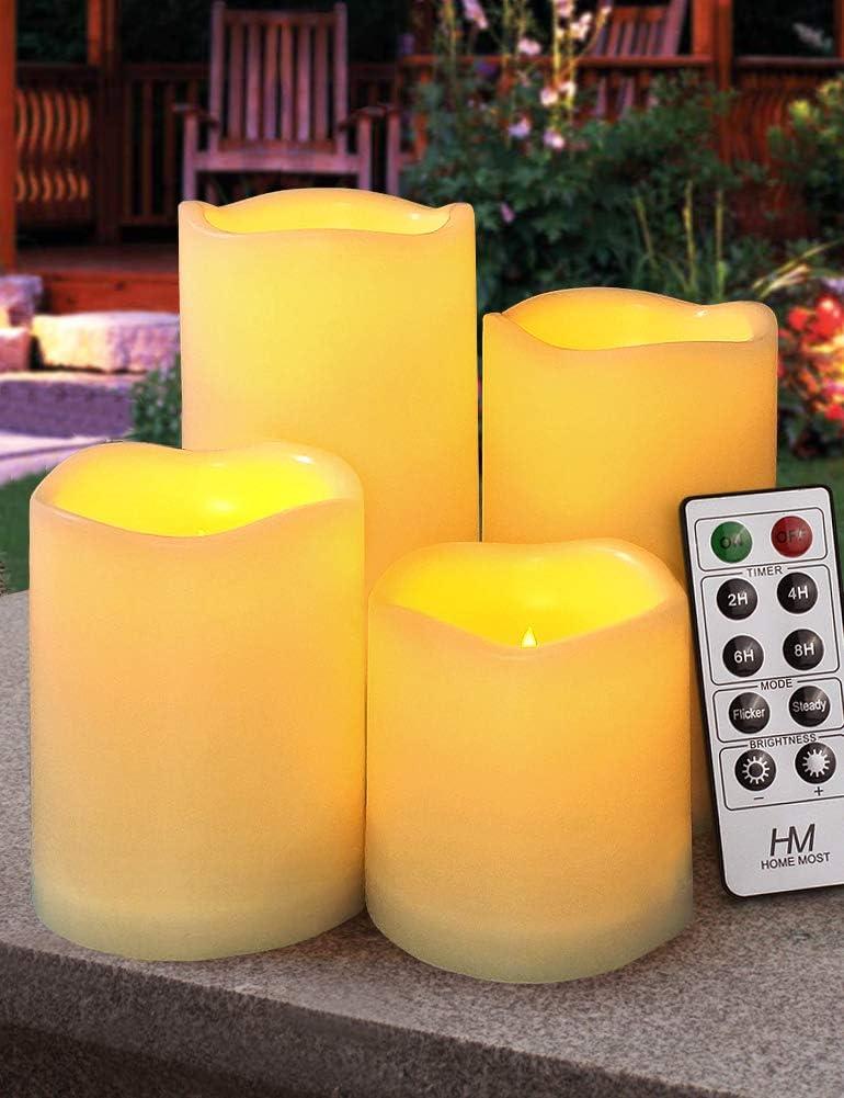 Set of 4 Outdoor Pillar Candles with Timer Waterproof - Battery Operated LED Pillar Candles with Remote 3x3 3x4 3x5 3x6 - Plastic Flickering Flameless Pillar Candles Unscented for Outside