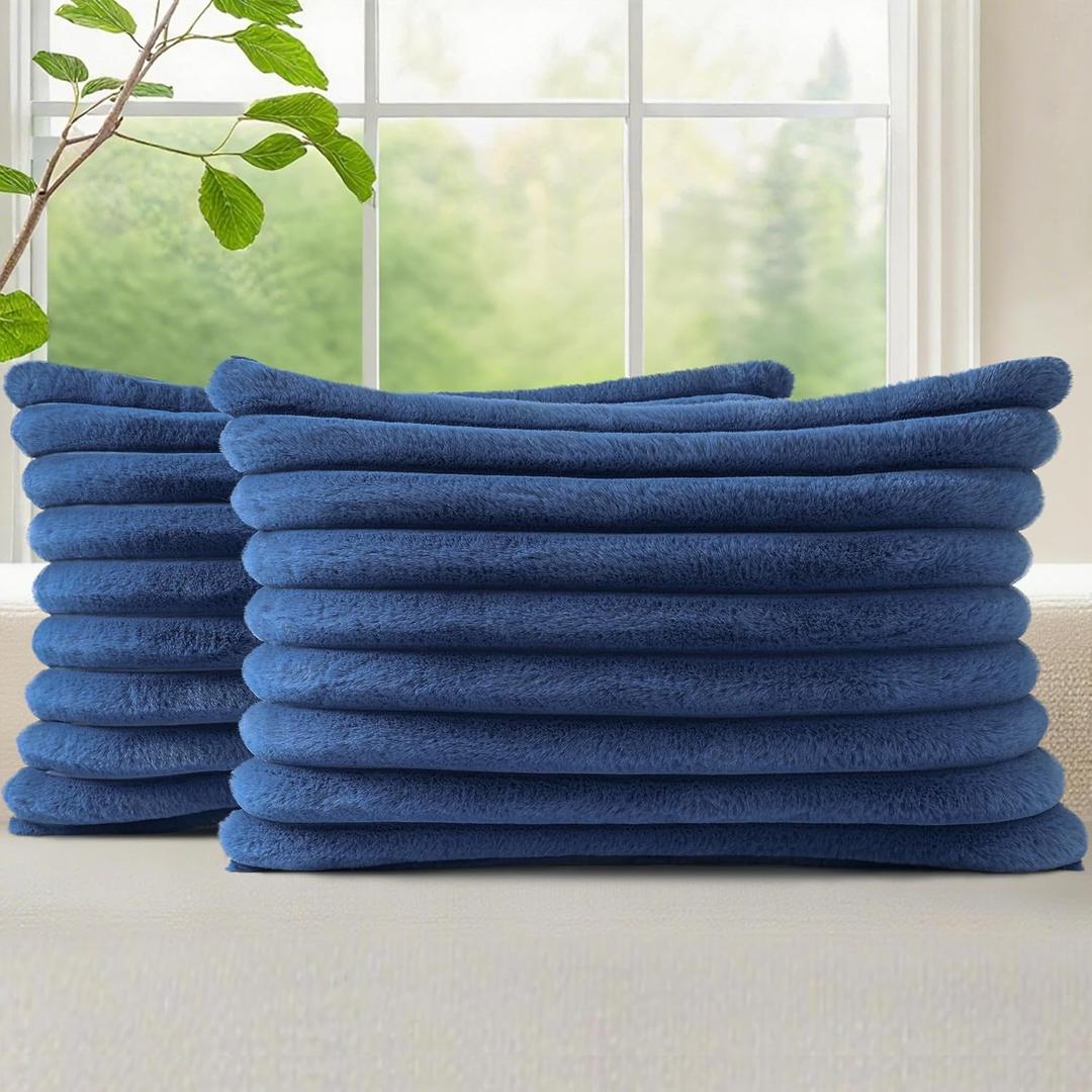 decorUhome Cozy Faux Fur Throw Pillow Covers 12x20 Set of 2 Decorative Soft Plush Striped Lumbar Modern Farmhouse Boho Couch Pillow Cases with Velvet Back for Sofa Bed Living Room, Blue
