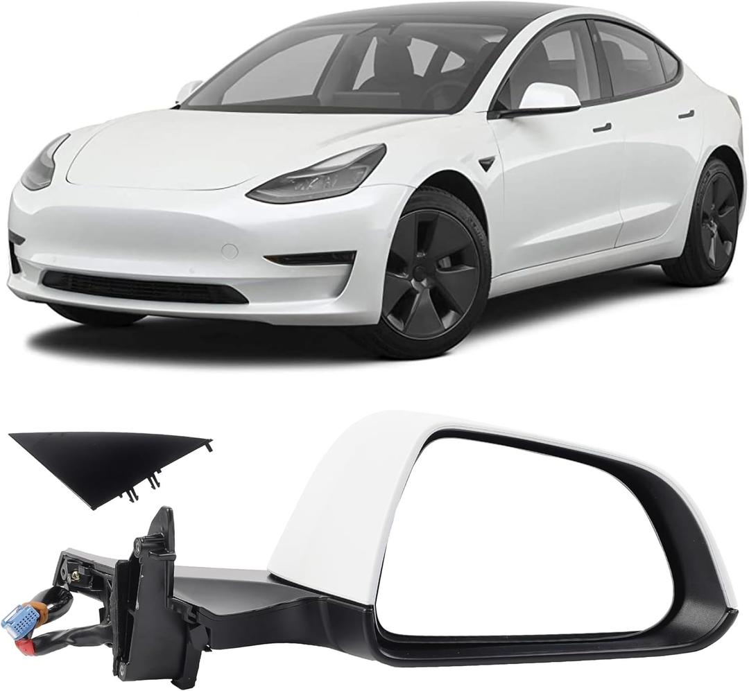 Dasbecan Passenger Side View Mirror Compatible with 2017-2022 Tesla Model 3 Right Door Mirror With Power Folding/Heated Glass/Memory/Power Heated Glass (White)