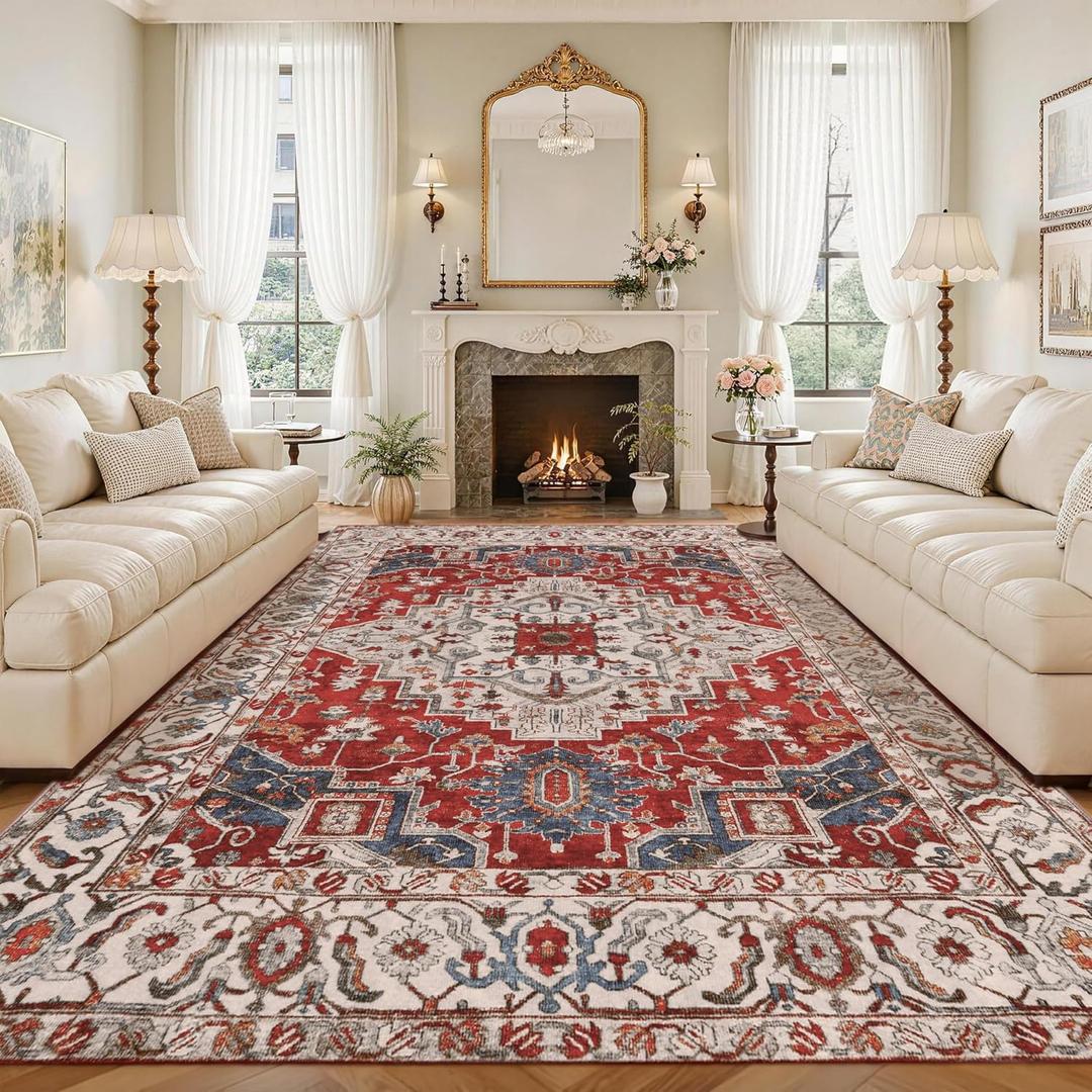 8x10 Washable Area Rug, Low-Profile Large Area Rug with Non-Slip Backing & Durable Edge Binding, Vintage Large Rugs for Living Room, Bedroom, Dinning Room, Red