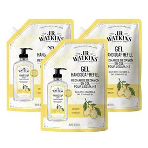 J.R. Watkins Gel Hand Soap Refill, Moisturizing Hand Wash, Alcohol-Free, Cruelty-Free, Lemon, 34 Fl Oz, 3 Pack