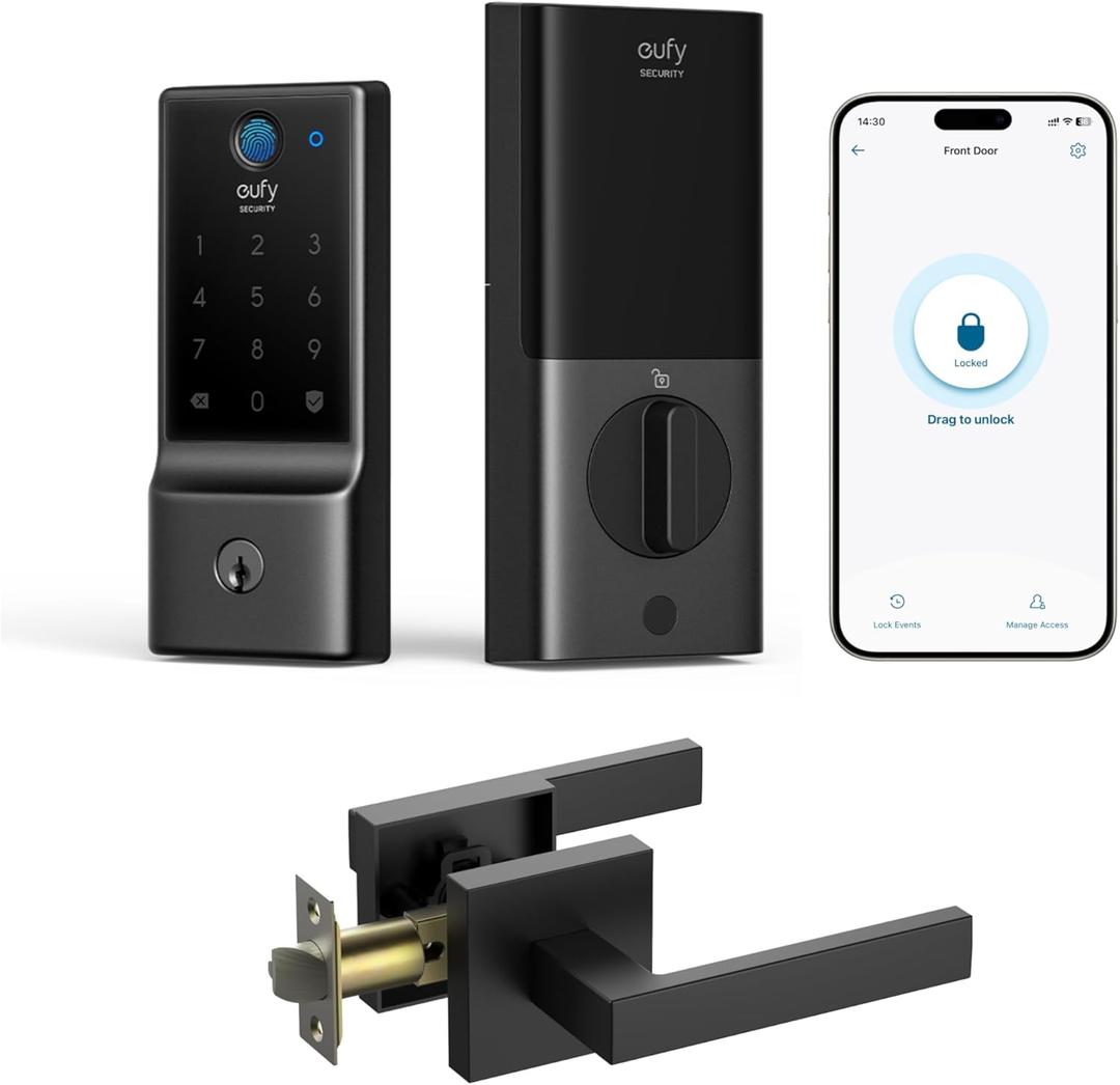 eufy Security Smart Lock Front Door Lever Set, Fingerprint Keypad Door Lock with Handle, Built-in Wi-Fi, App Control, Keyless Entry Deadbolt, 8 Months Battery, IP53 Waterproof, BHMA Certified
