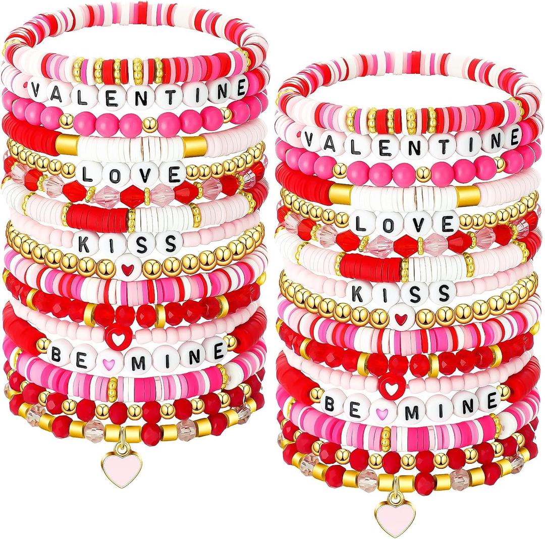 Sasylvia 32 Pcs Valentines Day Bracelets Pink Heishi Polymer Clay Beaded Bracelets Preppy Beach Stretch Bracelet Elastic String Summer Surfer Stackable Charm for Women Party