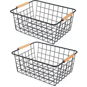 Wire Basket 2 Pcs Wire Storage Baskets Wire Baskets Organizing with Wooden Handles Wire Basket Pantry Organization and Storage Metal Wire Food Storage Basket for Kitchen, Cabinets (Black 2PCS)