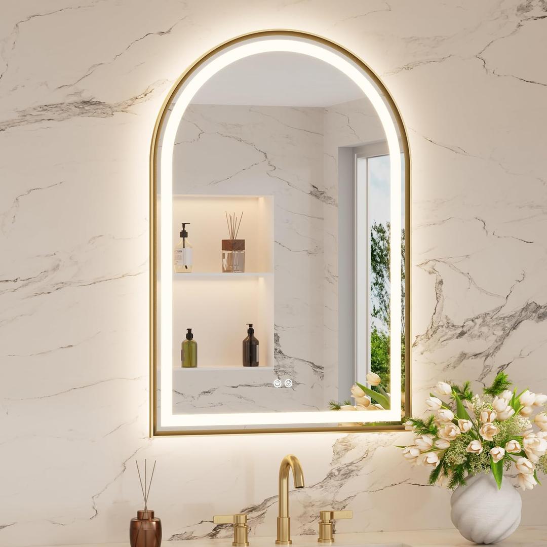 Keonjinn 24x36 Inch Gold Arched LED Bathroom Mirror, Frontlit & Backlit