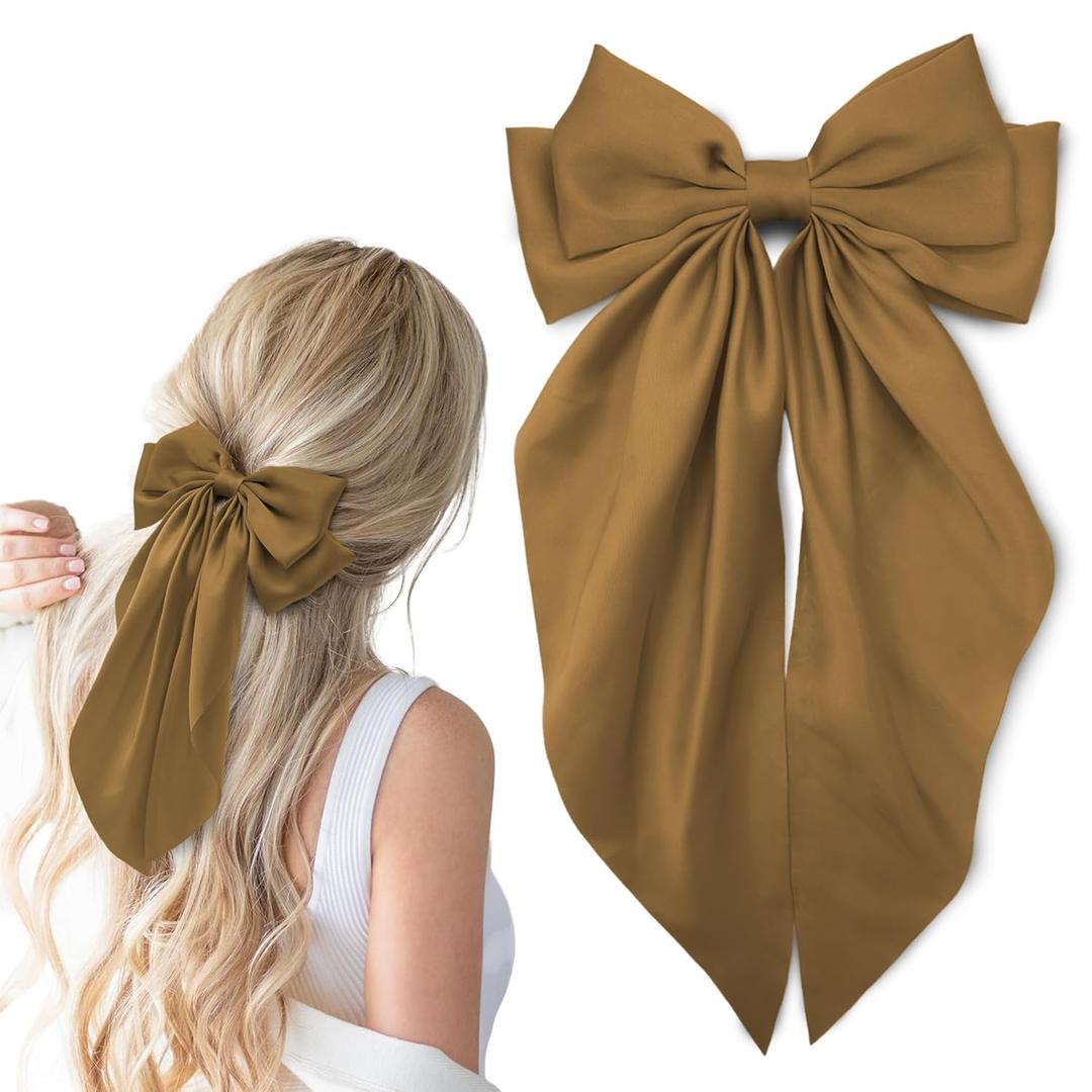 Hair Bows for Women Soft Satin Hair Bow for Hair Ponytail Holder Hair Ribbons Bows Hair Clips Coquette Hair Accessories Gifts (Coffee,1Pcs)