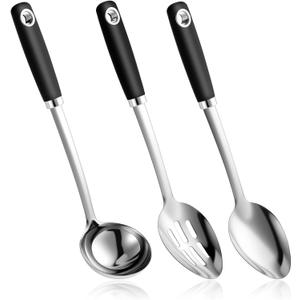 3-Piece 14-Inch Stainless Steel Spoons for Cooking Set, Big Spoons for Cooking with Slotted/Solid/Soup Ladle, Commercial-Grade Metal Utensils for Home & Professional Use