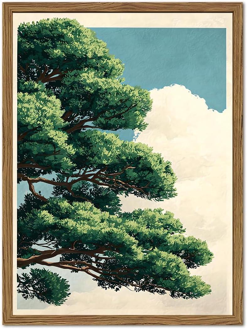 Japanese Tree Wall Art, Vintage Nature Landscape Wall Decor Painting Rustic Japan Zen Botanical Poster Canvas Prints Picture for Bedroom Living Room Farmhouse 16x24 inch Wood Framed