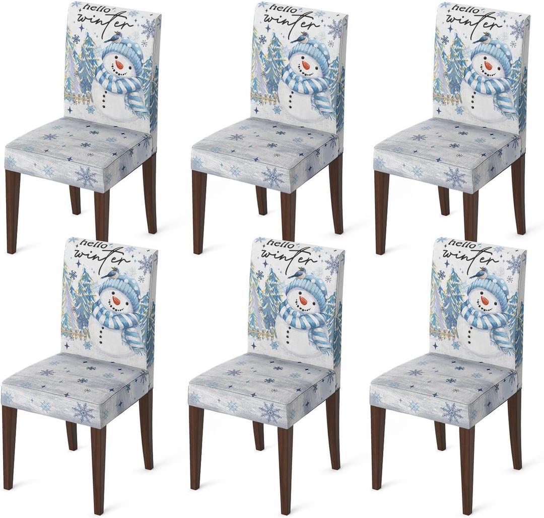 Horaldaily 6PCS Christmas Dining Chair Covers,Blue Snowman Stretch Removable Washable Slipcover Chair Protector for Dining Room Home Decor