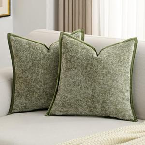 FUTEI Sage Green Chenille Throw Pillow Covers 24x24 Inch Set of 2,Soft Cozy Bound Edge Design European Cushion Cover,Home Decor for Couch Bed Living Room