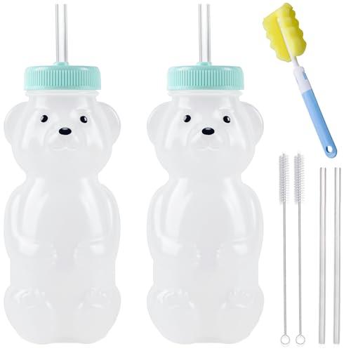 Honey Bear Straw Cups, Juice Bear Bottle Drinking Cup Long Straws with 4 Flexible Straws & Cleaning Tools, 8-Ounce Therapy Sippy Bottles for Speech and Feeding Training, Food-Grade & BPA Free 2 Pack