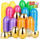 50 PCS 2.4"" Plastic Easter Eggs, 42 Pcs Empty Easter Eggs with 8 Golden Eggs, Fillable Egg with Hinge for Easter Hunt, Basket Stuffers, Classroom Prizes, Party Favors Supplies