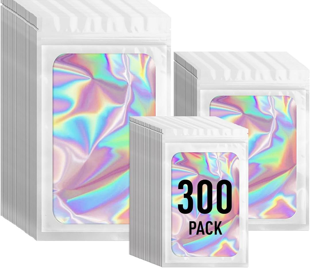 ANZNKU 300 Pack 3 Size Resealable Mylar Holographic Bags with Clear Front Window, Smell Proof Packaging Bags Freshie Bag with Zipper for Jewelry, Sample, Food(White,3x4.7in,4x6in,4.7x7.9in)