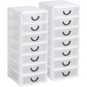 Rempry 2 Pack Mini Plastic Drawers Organizer, 7.1"x5.1"x13.2" Small Storage Drawers Organizer Container Case with 7 Clear Desktop Drawer Units, White