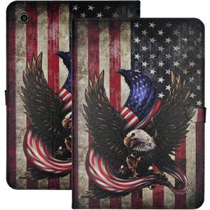 YHB Case for Amazon Fire HD 10 Tablet (7th and 9th Generation, 2017 and 2019 Release), Premium PU Leather Folding Stand Shell TPU Protective Cover, Bald Eagle American Flag