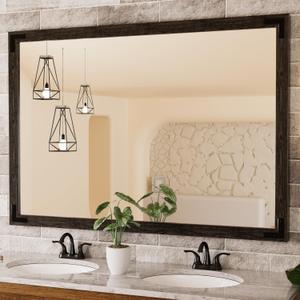 TETOTE 55 x 36 Walnut Wooden Mirror for Bathroom Wall/ Bedroom/ Living Room/ Entryway Farmhouse Rustic Bathroom Vanity Mirror Waterproof (Horizontal/ Vertical Mounted)