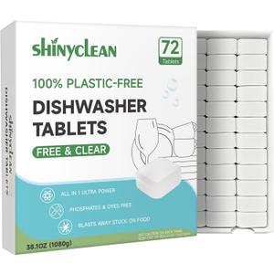 100% Plastic-Free Dishwasher Tablets, Free & Clear, 72 Count