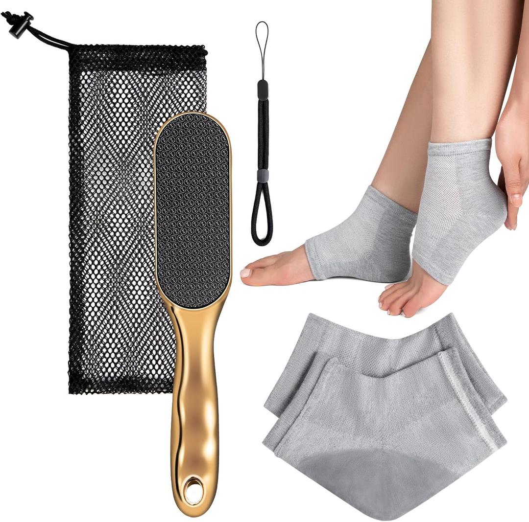 Nano Glass Beyond the Cream Foot File, Callus Remover for Feet with Foot Masks Moisturizing Silicone Gel Heel Socks, Foot Care Kit, Cracked Heel Treatment, Self Care Spa Gifts for Women/Seniors-Golden