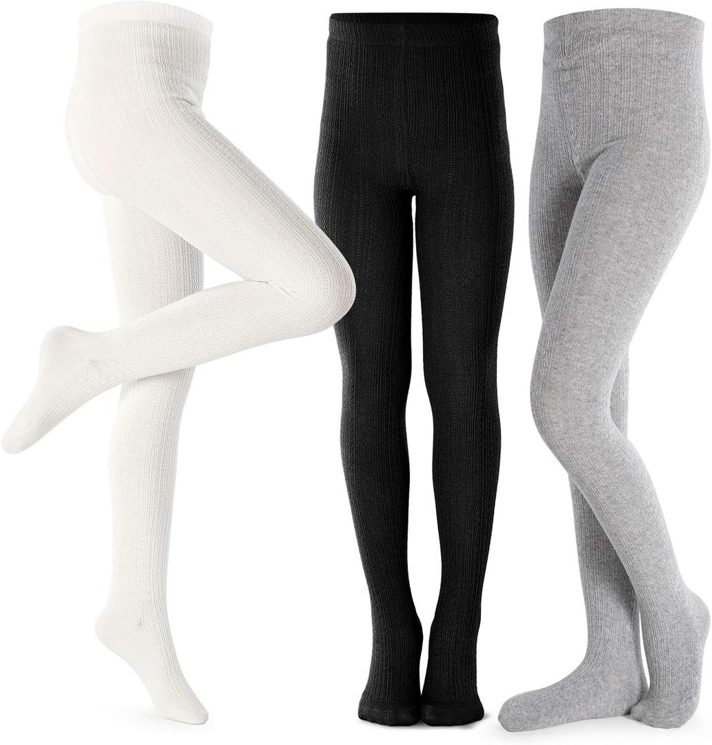 Girls Tights Toddler Cable Knit Cotton Footed Seamless Dance Ballet Baby Girls' Leggings 3/4 Pack (7-8 Years, Black/Ivory/Grey)