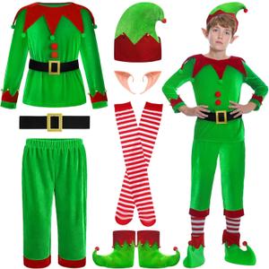 Christmas Elf Costume for Boys - 6PCS Santa's Helper Costume - Velvet Elf Outfit Set for Kids Christmas Party
