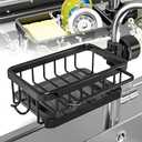 Kitchen Sink Faucet Organizer, 2025 Upgrade, Adjustable Detachable Sponge Holder, Soap Kitchen Sink Drain Rack with Tray & Towel Hook Bathroom Universal Size Fits 1.8-2.8cm Round Pipe (Black Left)